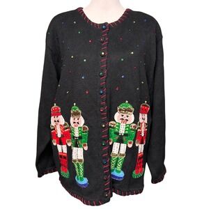 Tiara Nutcracker Christmas Cardigan Women 2X Black Beaded Sequin Ugly Sweater